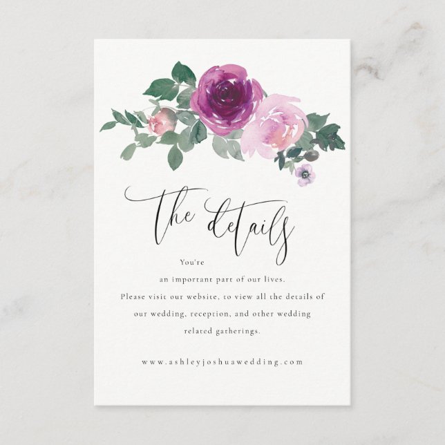 Cartão De Informações Magenta Pink Floral Ivory Wedding Details (Frente)