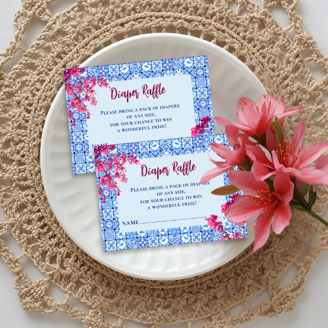 Cartão De Informações Mamma Mia Blue Tile Pink Flower Diaper Raffle Game (Criador carregado)
