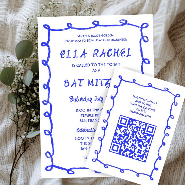 Cartão De Informações Mão de Loops Mensais Desenhada Personalizada Bat M (Messy Loops Hand Drawn Custom QR Bar Bat Mitzvah Enclosure Card
)