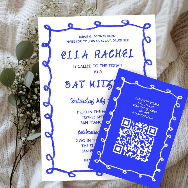 Cartão De Informações Mão de Loops Mensais Desenhada Personalizada Bat M (Messy Loops Hand Drawn Custom QR Bar Bat Mitzvah Enclosure Card
)