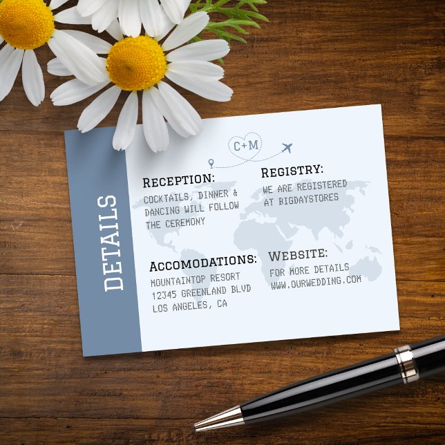 Cartão De Informações Mapa Mundial Azul Empoeirado para Casamento de Des (Criador carregado)