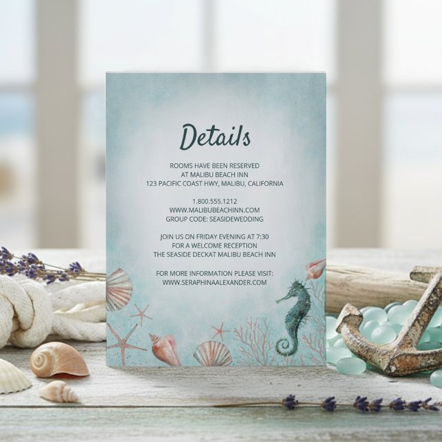 Cartão De Informações Mar | Detalhes do Casamento da Beach Blue Watercol (Criador carregado)