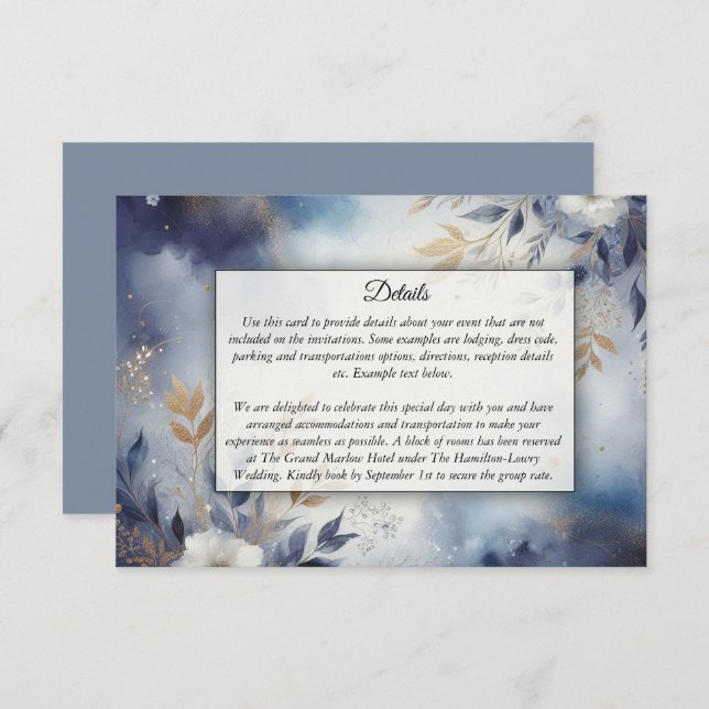 Cartão De Informações Marinho Azul e Dourado Casamento Floral (Frente/Verso)