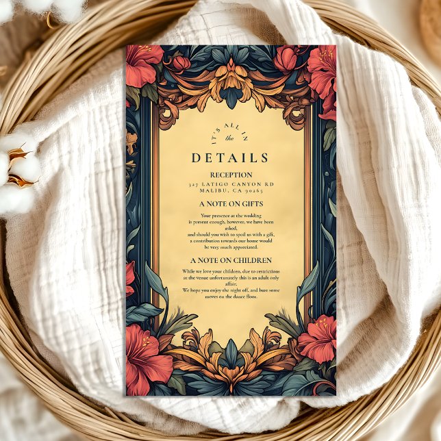 Cartão De Informações Marinho Blue Floral Wedding Art Nouveau (Criador carregado)