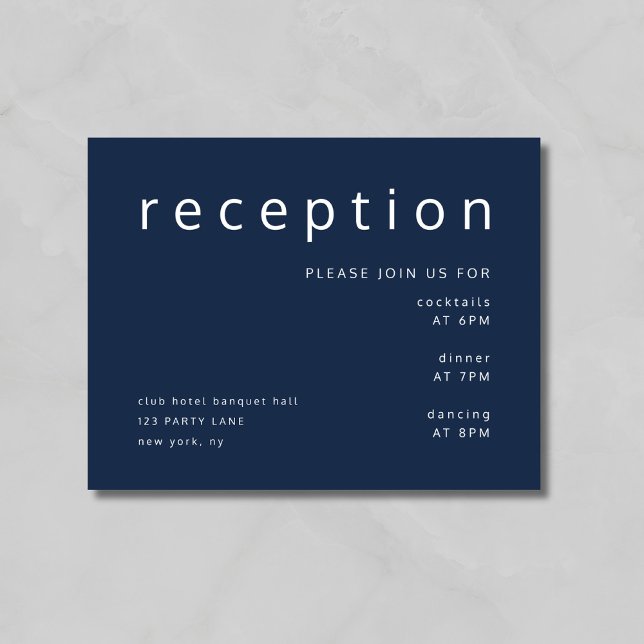 Cartão De Informações Marinho Blue Typografia Elegante Recepção de Casam (Modern Navy Blue Typography Wedding Reception Enclosure Card)