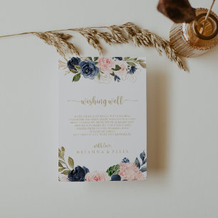 Cartão De Informações Marinho Blush Floral Dourado Casamento Bem-Vindo