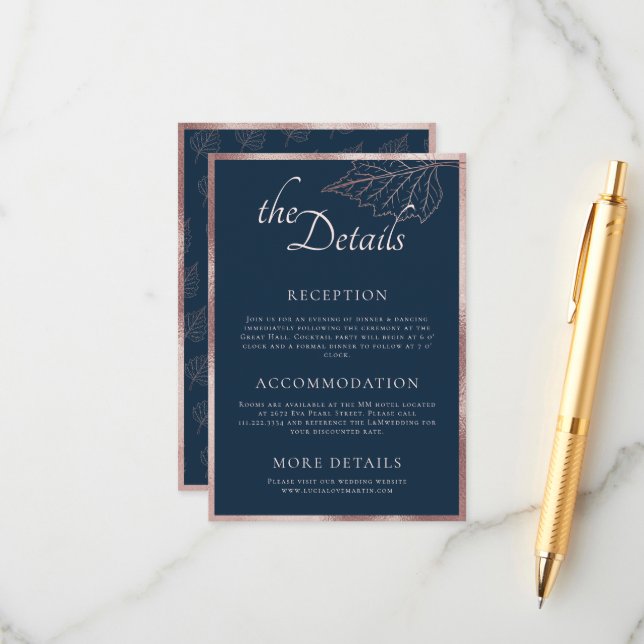 Cartão De Informações Marinho clássico Matt Rosa Dourado deixa detalhes  (Frente/Verso In Situ)