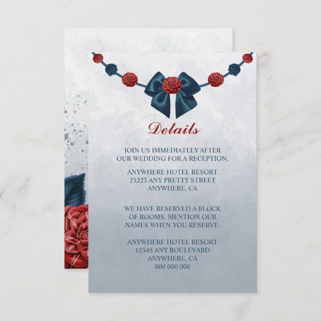 Cartão De Informações marinho e flores burgundy belos detalhes do arco (Frente/Verso)