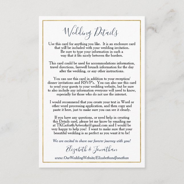 Cartão De Informações Marinho Elegante de Gabinete de Casamento Personal (Frente)