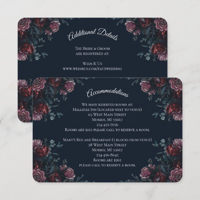Cartão De Informações Marinho escuro Blue Floral Elegante Casamento Maro (Frente/Verso)