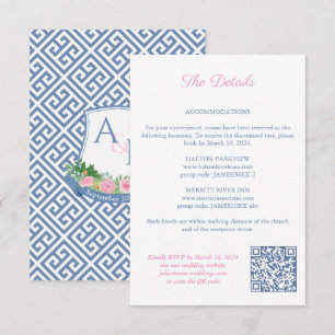 Cartão De Informações Marinho Floral Rosa Monograma Detalhes de Casament