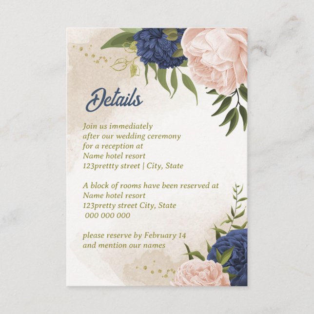 Cartão De Informações marinho flores verdes folhas (Frente)