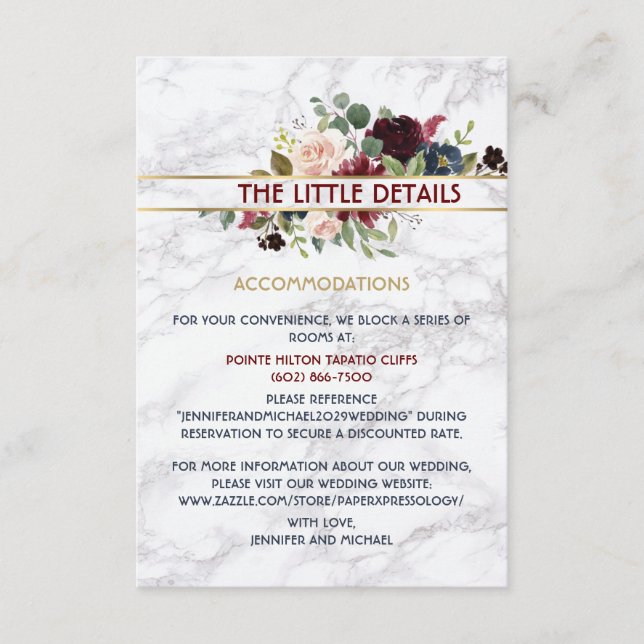 Cartão De Informações Marinho Marble Burgundy Dourado Buquê Floral (Frente)
