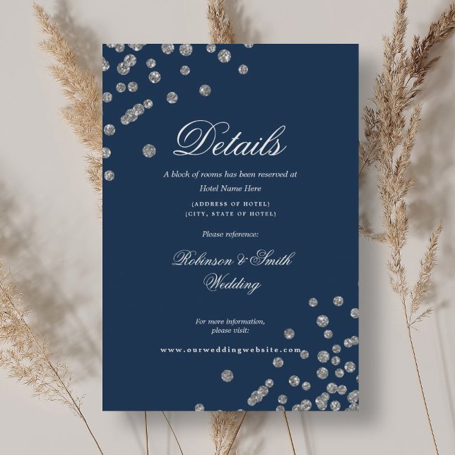 Cartão De Informações Marinho Romântico de Detalhes do Casamento de Prat (Romantic Silver Confetti Wedding Details Navy Enclosure Card)