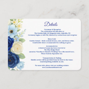 Cartão De Informações Marinho Royal Bue Casamento Watercolor Flores De M