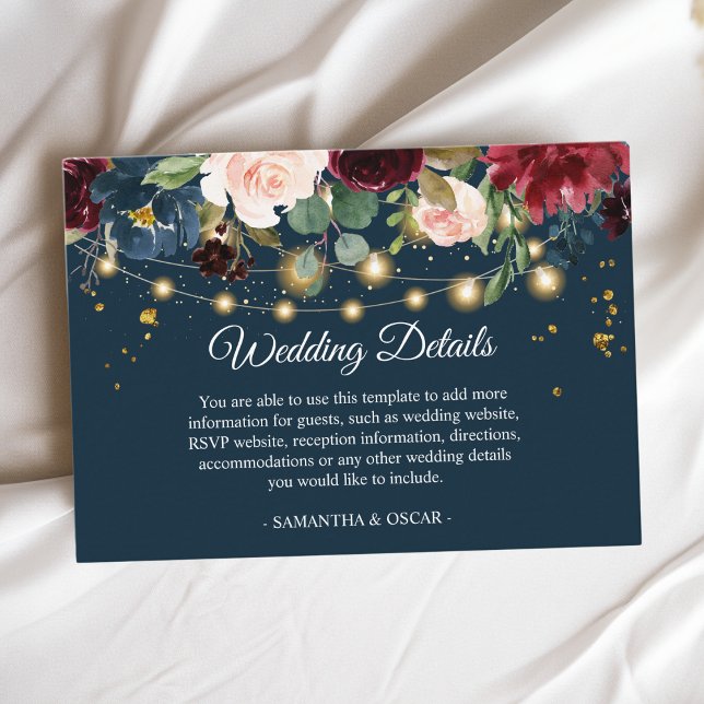 Cartão De Informações Marinho Russo Borgonha Azul e Flores Vermelhas (Criador carregado)