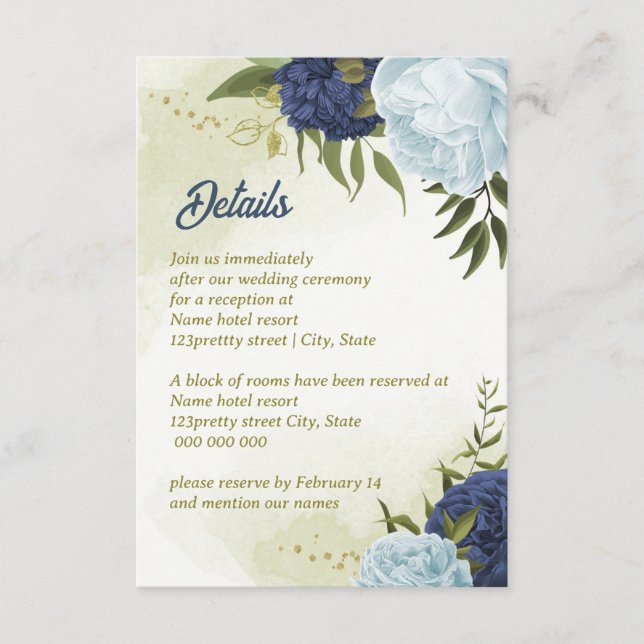 Cartão De Informações marinhos de flores azuis poeirentas folhas verdes (Frente)