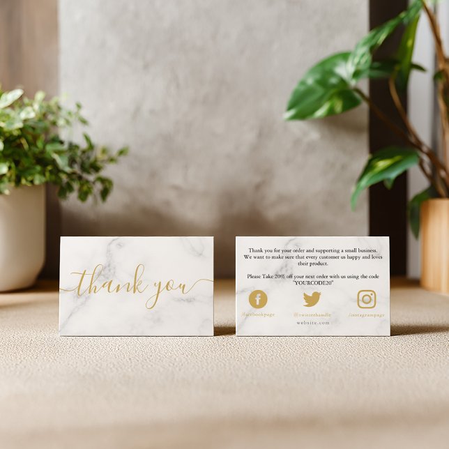 Cartão De Informações mármore Dourado e branco, obrigado do cliente (Gold and white marble effect, customer thank you enclosure card for your packaging.)