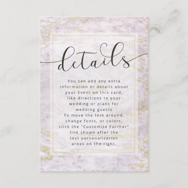 Cartão De Informações Mármores Modernos em Violeta com Dourados Detalhes (Frente)