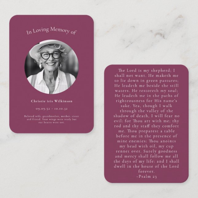 Cartão De Informações Maroon Elegant Psalm 23 Lembrança Funeral (Frente/Verso)