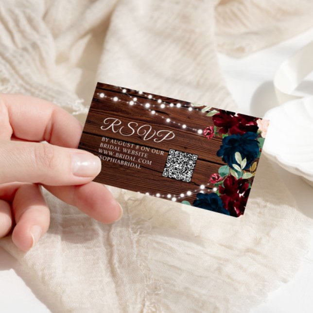 Cartão De Informações Marsala e Marinho Floral Chá de panela QR RSVP (Criador carregado)