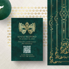 Cartão De Informações Mascarada Verde Mask Quinceanera QR RSVP