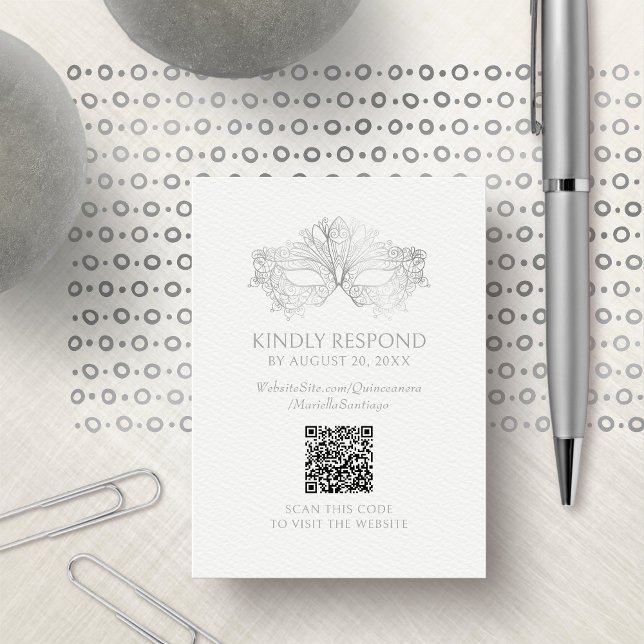 Cartão De Informações Masquerade Mask Quinceanera QR RSVP (Criador carregado)