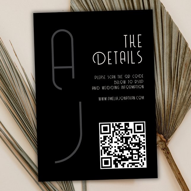Cartão De Informações  Matte Monogram Minimal Qr Code Wedding Black  (Criador carregado)