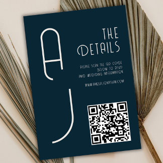 Cartão De Informações Matte Monogram Minimal Qr Code Wedding Navy Blue