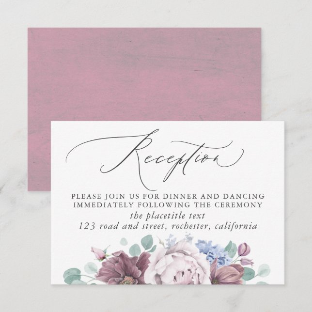 Cartão De Informações Mauve e Dusty Recepção de casamento Azul (Frente/Verso)