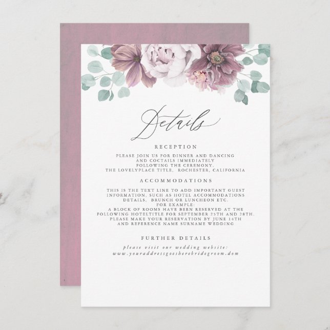 Cartão De Informações Mauve Floral Wedding Information (Frente/Verso)