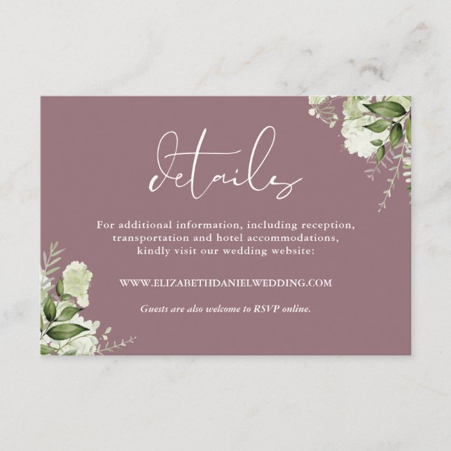 Cartão De Informações Mauve Greenery Floral Elegante Detalhes do Casamen (Frente)
