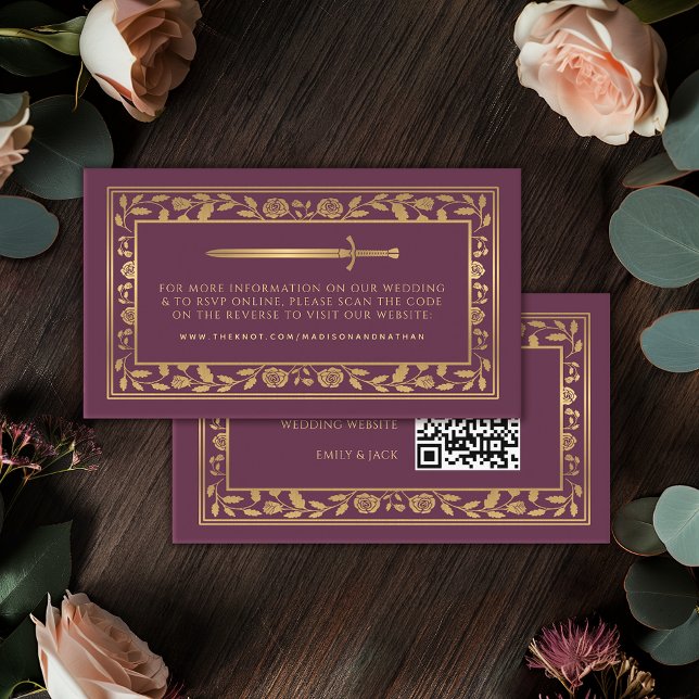 Cartão De Informações Mauve Royal Sword Wedding Website RSVP Código QR (Criador carregado)
