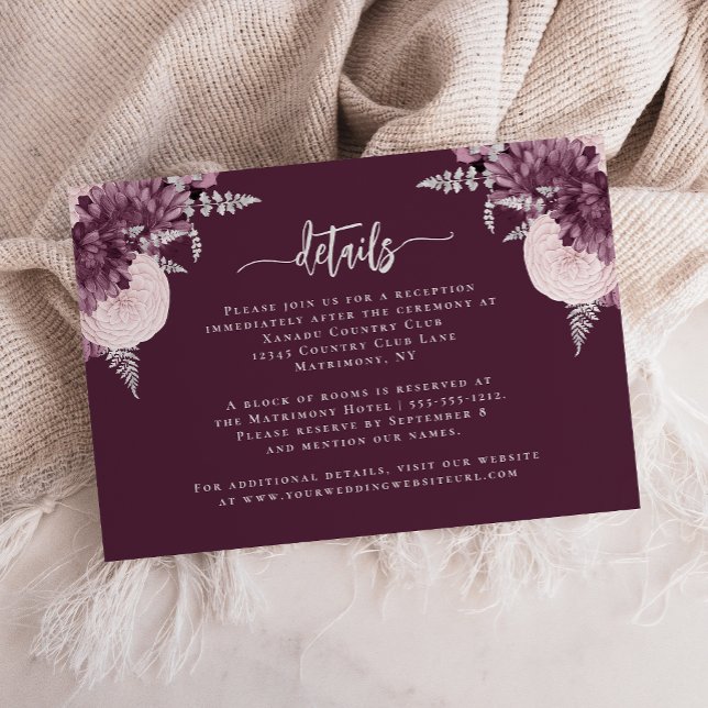 Cartão De Informações Mauve Silver Floral Wedding Details (Criador carregado)