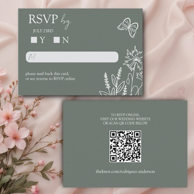 Cartão De Informações Meadow Flowers Sirocco Green Wedding RSVP (Criador carregado)