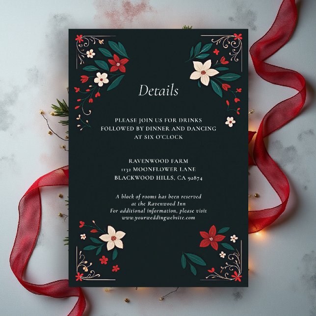 Cartão De Informações Mexican Rustic Elegant Christmas Wedding Details (mexican wedding details card christmas theme floral botanical frame poinsettias red white black)