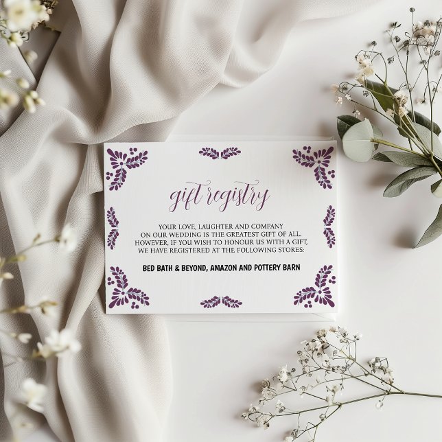 Cartão De Informações Mexican Talavera Purple Floral Minimalist Wedding (Mexican Talavera Purple Floral Minimalist Wedding Enclosure Card)