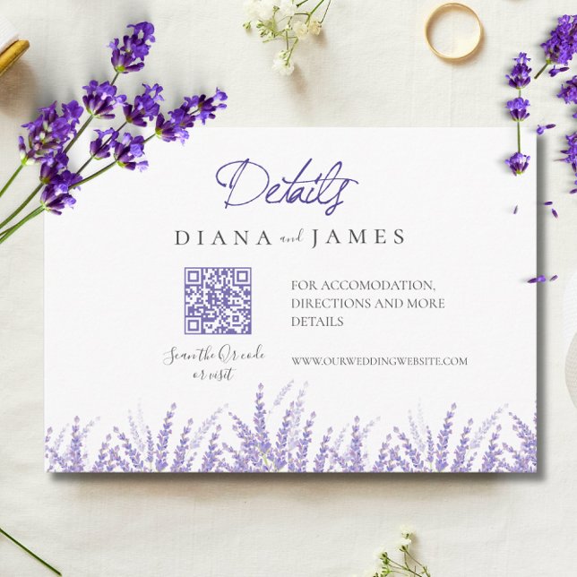 Cartão De Informações Mini Detalhes de Caligrafia Código Qr Lavanda Casa (Mini Calligraphy Details Qr Code Lavender Wedding Enclosure Card)