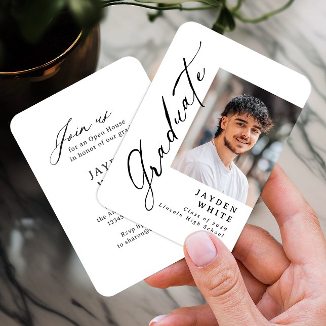 Cartão De Informações Mini Modern Brush Script Photo Graduation Invite (Mini Modern Brush Script Photo Graduation Invite)