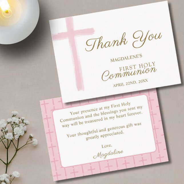 Cartão De Informações Mini Pink Cross  First Holy Communion Thank You (Criador carregado)