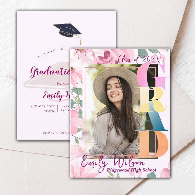 Cartão De Informações Miniconvite para Festa de formatura de Fotografia  (Pink Floral Photo Graduation Party Mini Invitation)