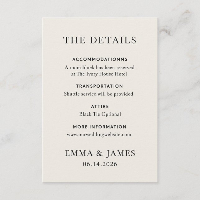 Cartão De Informações Minimal Elegant Wedding Details Card (Frente)