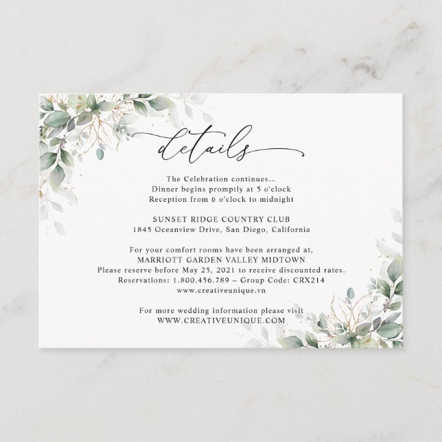 Cartão De Informações Minimal Eucalyptus Wedding Details Card (Frente)