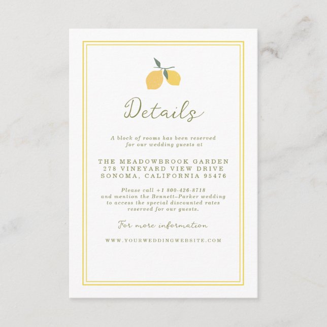 Cartão De Informações Minimal Lemon Amalfi Coast Wedding Details Card (Frente)