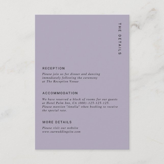 Cartão De Informações Minimal Pale Purple Modern Simple Wedding Details (Frente)