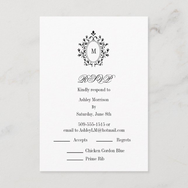 Cartão De Informações Minimal RSVP card Monogram With 2 Entree Choice (Frente)