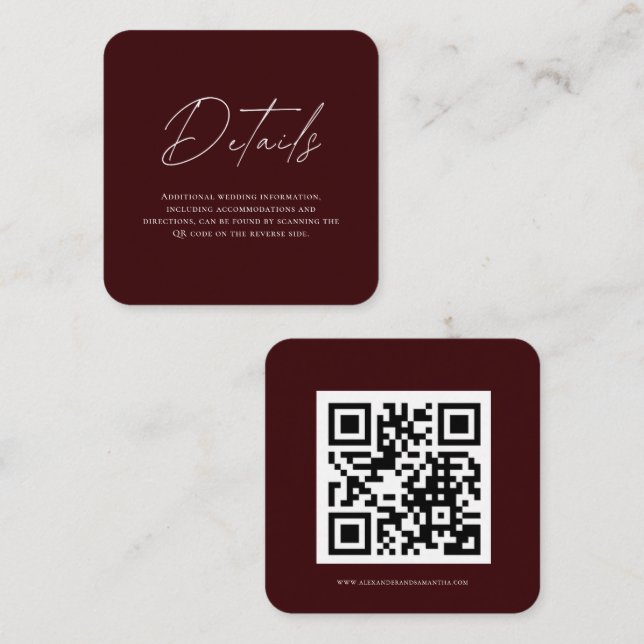 Cartão De Informações Minimalist Burgundy Wedding Details Card (Frente/Verso)
