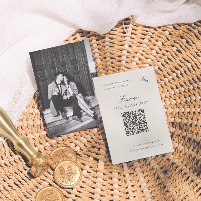 Cartão De Informações Minimalist Editorial QR Spanish Wedding RSVP (Criador carregado)