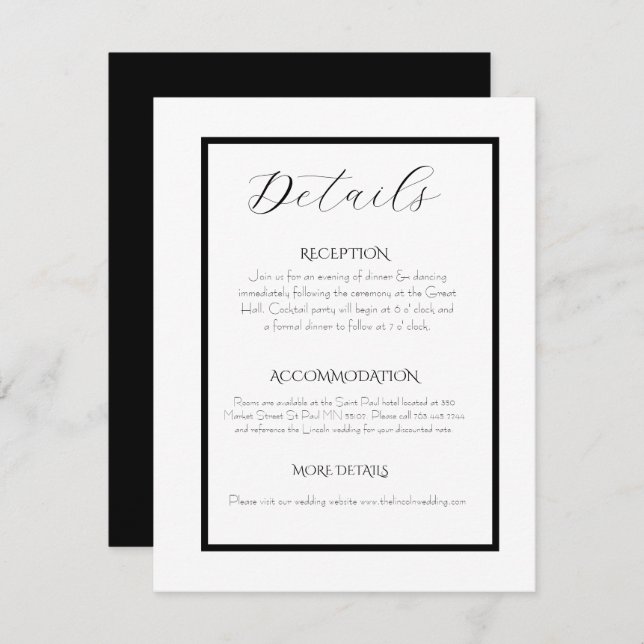 Cartão De Informações Minimalist Elegant Black & White Wedding  (Frente/Verso)