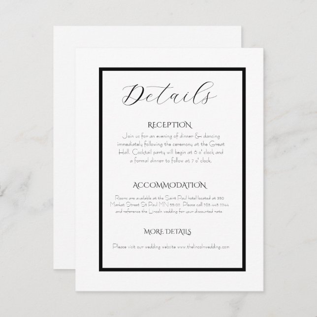 Cartão De Informações Minimalist Elegant Black & White Wedding  (Frente/Verso)